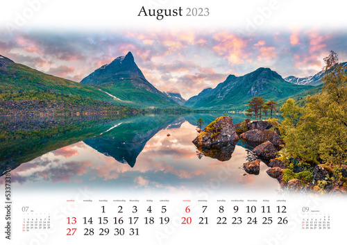 Wall calendar for 2023 year. August, B3 size. Set of calendars with amazing landscapes. Wonderful summer sunrise on Innerdalsvatna lake, Norway. Monthly calendar ready for print.