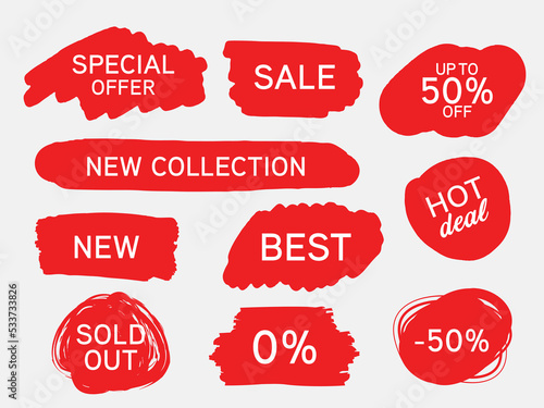 Red Blots stains of new tag label. Sale price promotion discount sticker banner watercolor paint hand drawn style.