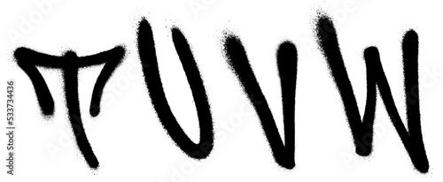 Graffiti spray font alphabet with a spray in black over white. Vector illustration. Part 6