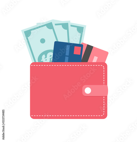 Red wallet with cash and credit cards isolated on white background. Flat vector illustration