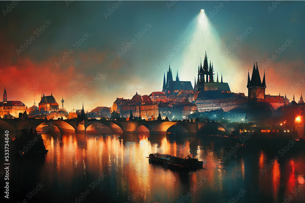 nighttime city steampunk city with lights perfect reflection Digital Art Illustration Painting Hyper Realistic, Prague