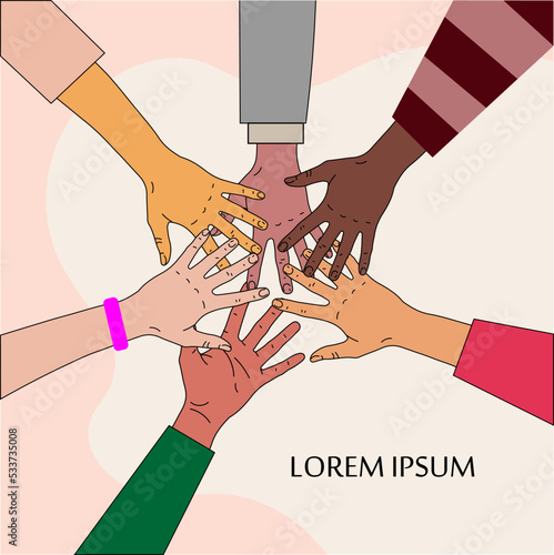 Concept of teamwork. International cooperation, world diversity. Group of multicultural business people holding hands together. Colleagues of diverse ethnic groups and cultures. Sticker vector design