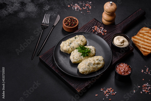 Traditional Lithuanian dish zeppelin, boiled potato dumplings stuffed with minced meat
