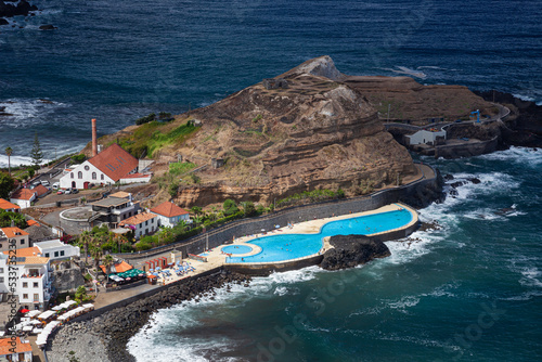 Bathing complex, seawater pools of Piscina do Porto da Cruz, aerial view, Madeira, Portugal, Europe photo