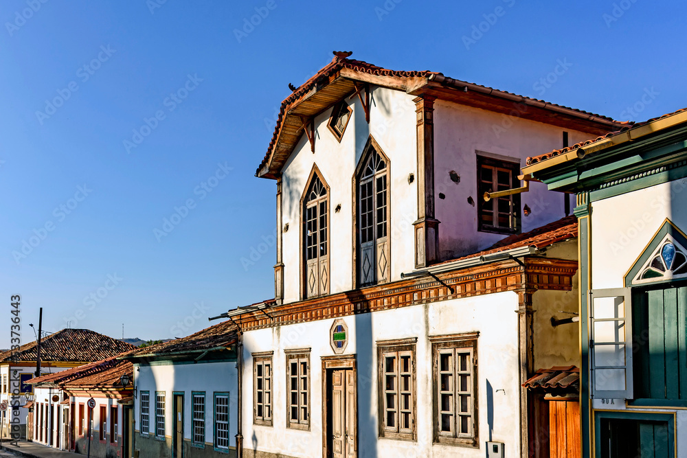 Facades of colonial style streets and houses in the old and historic city of Diamantina in Minas Gerais, Brazil