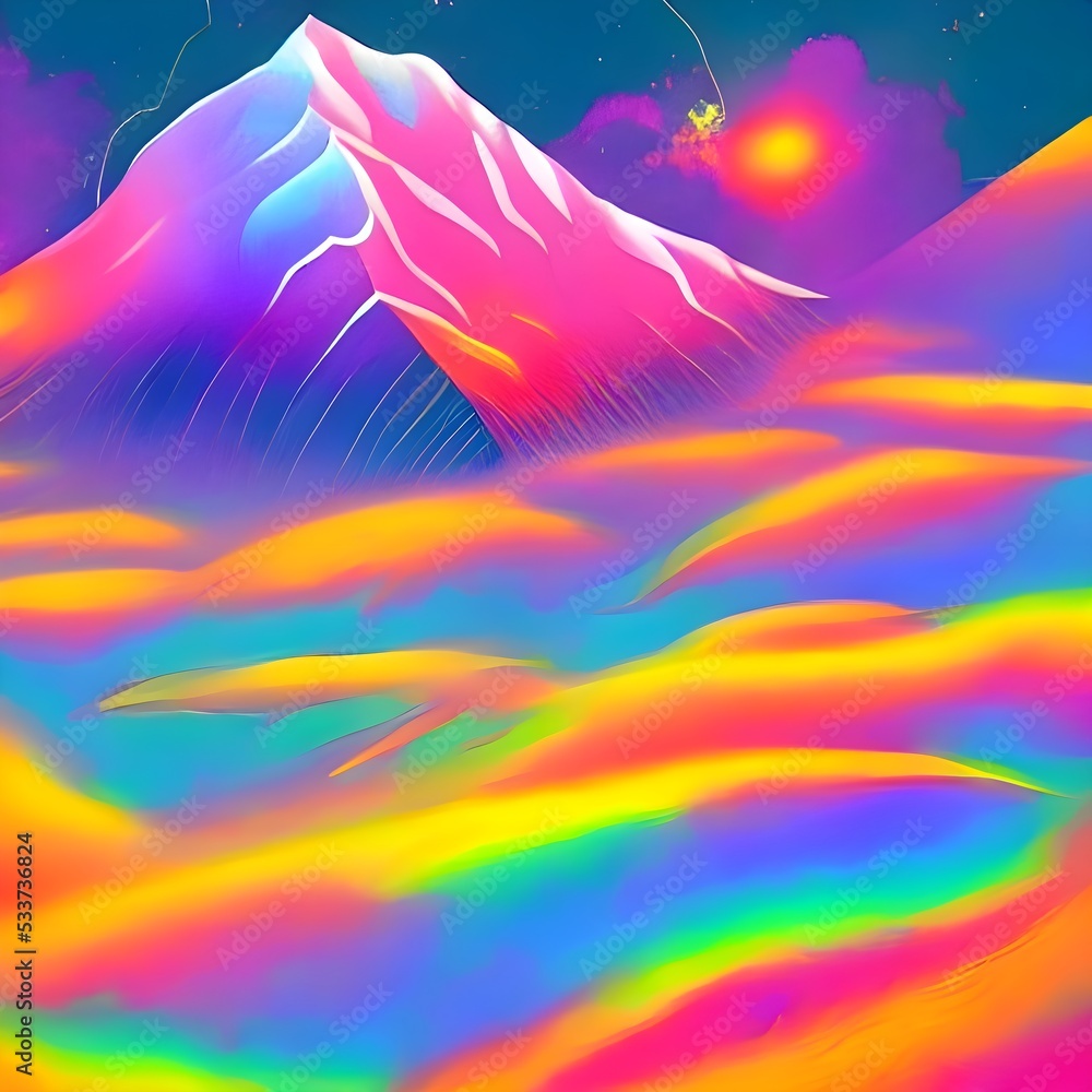 Obraz premium Mountain scenery illusion, moody and colorful digital art, space, sun, artstation painting 