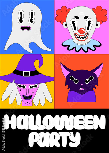 Wallpaper Mural Halloween holiday. Colorful spooky fantasy characters in bright frames. Witch, creepy clown, cat, ghost. Cartoon scary portraits and lettering. Black outline. Poster, print on clothes, postcard Torontodigital.ca