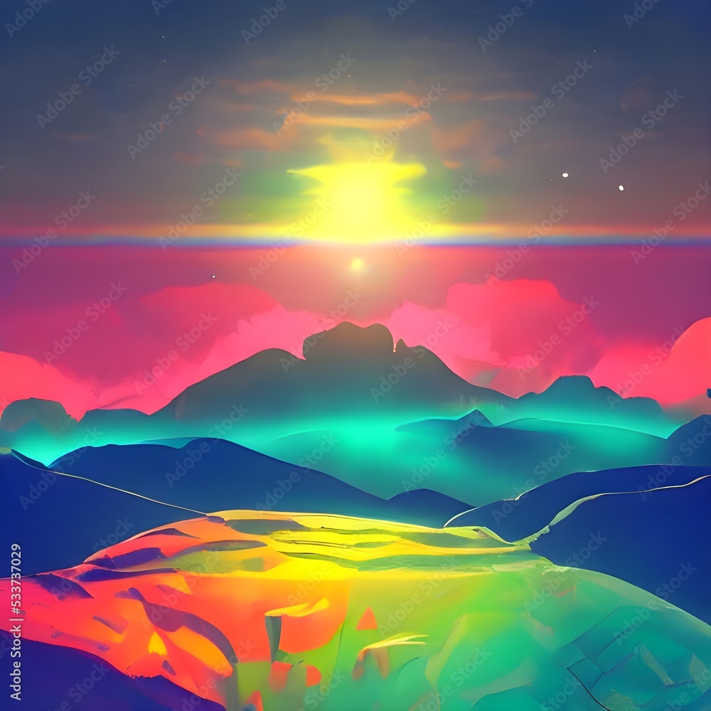 Mountain scenery illusion, moody and colorful digital art, space, sun, artstation painting 