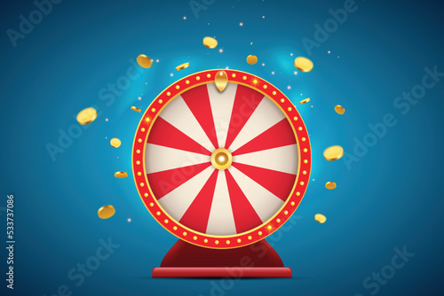 Vector illustration spinning fortune wheel with golden flying coins on blue abstract background. Realistic 3d lucky roulette.