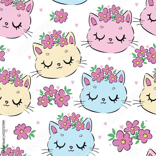 Hand drawn cute cat and flowers graphic pattern seamless vector illustration kids print