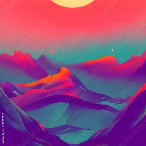 Mountain scenery illusion, moody and colorful digital art, space, sun, artstation painting  © Pooja