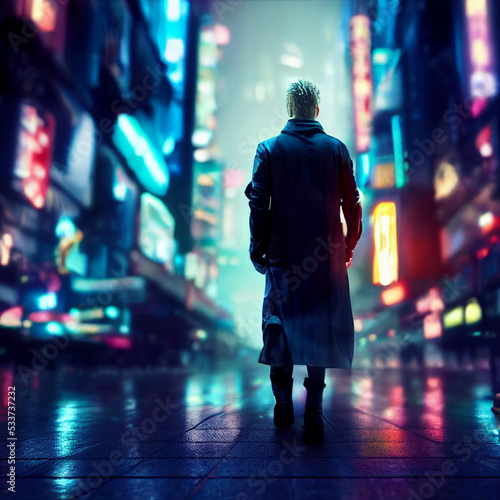 Cyberpunk detective walking through cyberpunk city