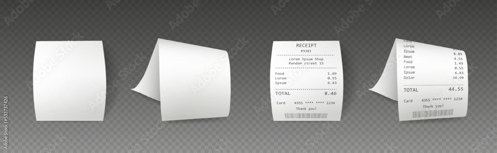 Realistic receipt, cash paper bill with item list. Purchase invoice ...