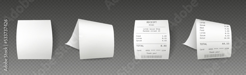Realistic receipt, cash paper bill with item list. Purchase invoice mockup, cheque with barcode isolated on a transparent background. Vector illustration.