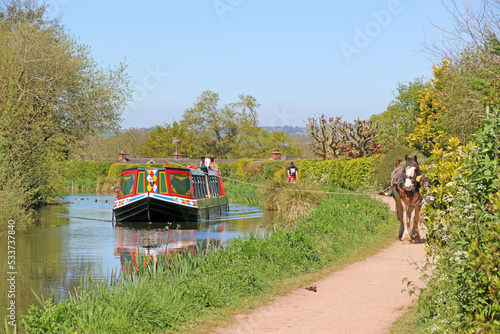 Leinwand Poster Horse drawn narrow boat on the Tiverton Canal