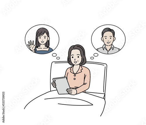 タブレット端末でオンライン面会をする中年の女性　ミドル　入院　病院　お見舞い　イラスト