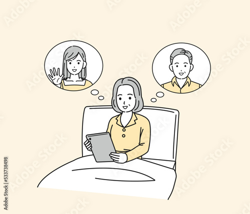 タブレット端末でオンライン面会をする中年の女性　ミドル　入院　病院　お見舞い　イラスト