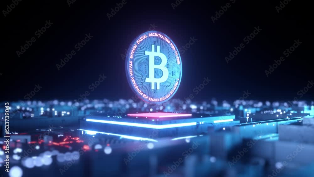 This stock motion graphics video shows a futuristic digital background with glowing data chip and bitcoin on seamless loop.