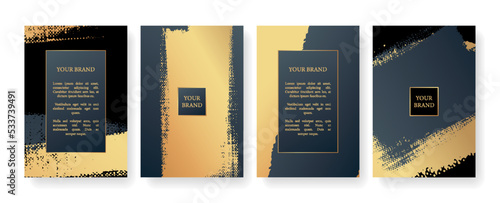 Modern cover design set. Creative art pattern with gold brush stroke, paint drop (spot) on blue and black background. Luxe artistic vector collection for flyer, poster, notebook, brochure template