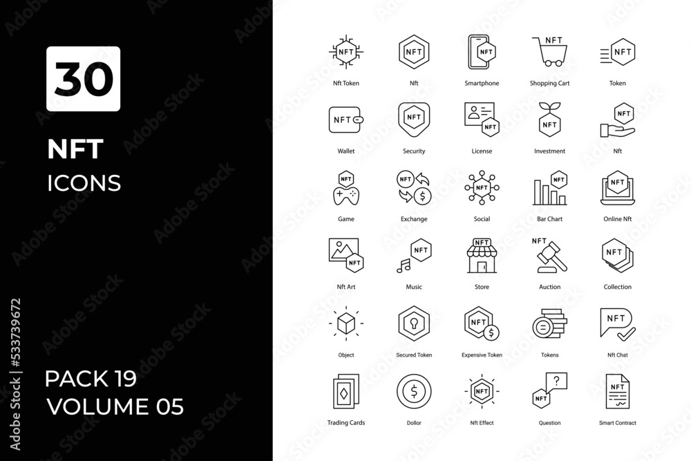 NFT icons collection. Set vector line with elements for mobile concepts and web apps. Collection modern icons. - obrazy, fototapety, plakaty 