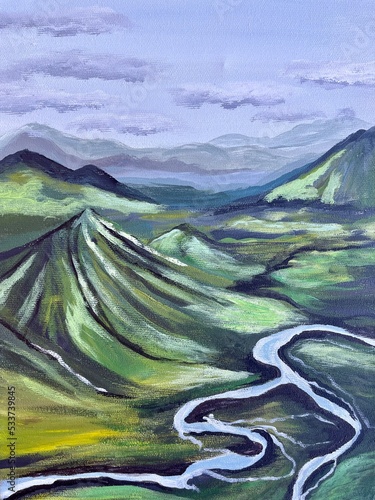 Landscape with mountains and river acrylic painting handmade.