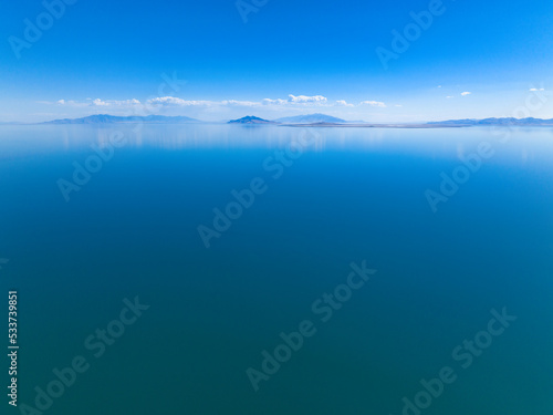 Aerial view of bright blue Great Salt Lake