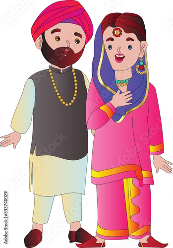 Beautiful Punjabi girl in a national dress. Kamiz with turban - Punjabi dress for men.