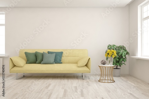 White living room with sofa. Scandinavian interior design. 3D illustration