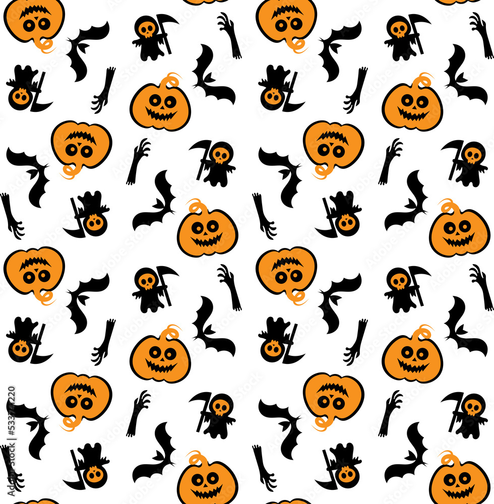 Seamless vector pattern for Halloween design. Halloween symbols: pumpkin, bat and death in cartoon style