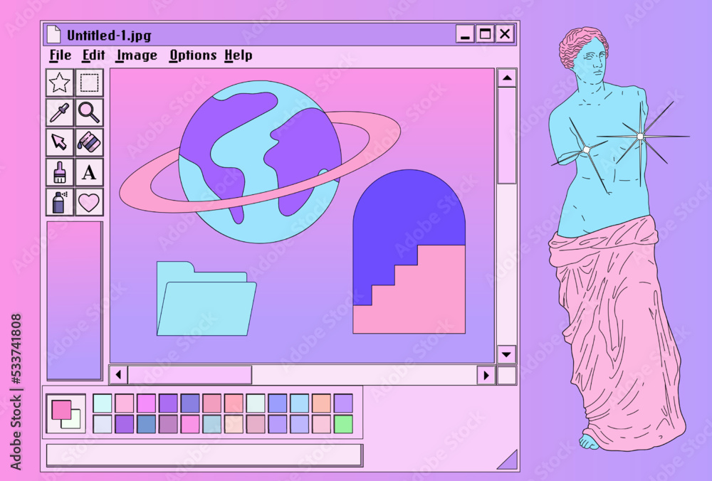 Retro vaporwave user interface with modal dialog window box of a graphic design software and editor program and picture of a Venus statue in pastel cute colors. - obrazy, fototapety, plakaty 