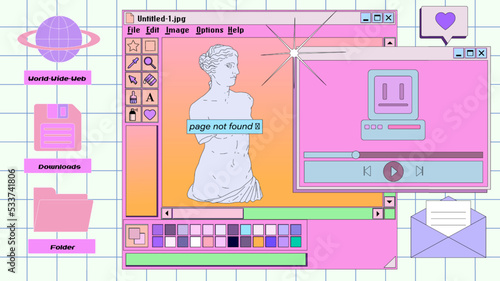 Retro vaporwave user interface with modal dialog window box of a graphic design software and editor program and picture of a Venus statue in pastel cute colors.