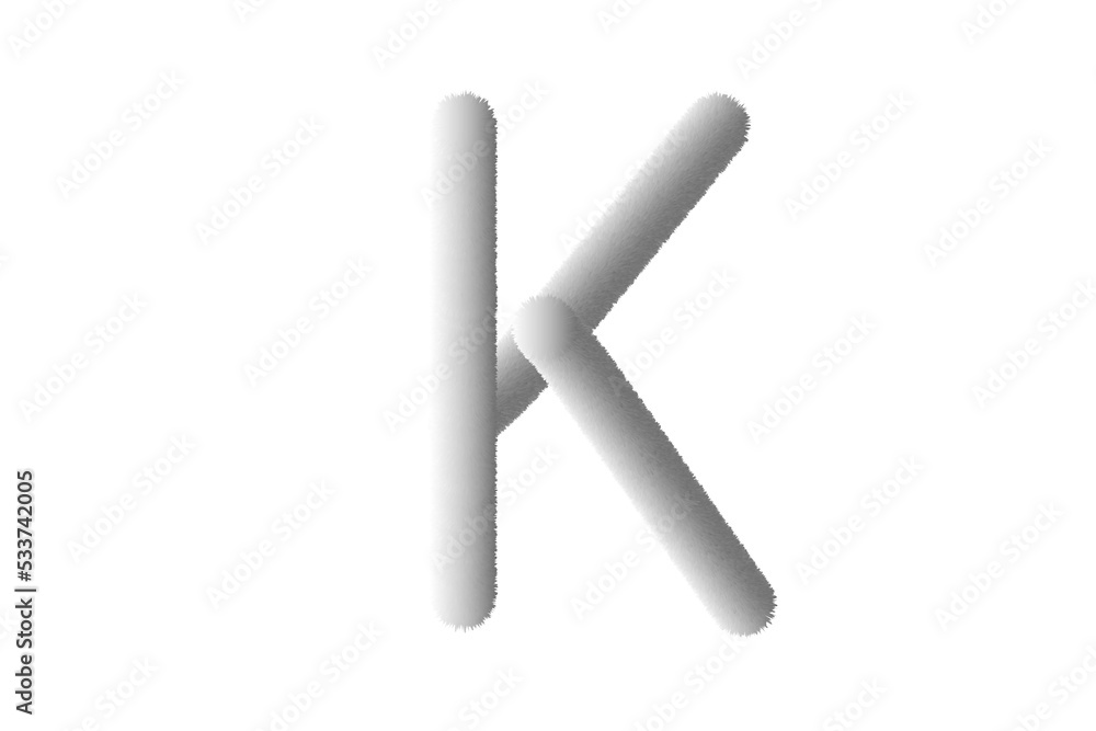 Fototapeta premium Feathered letter K. Easy editable letters. Soft and realistic feathers. White, fluffy, hairy letter K, isolated on a white background.