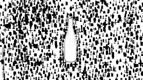 Conceptual illustration, alcohol bottle silhouette from many graves