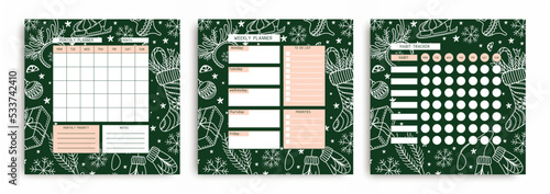 Set of planners: calendar, weekly planner, and habit tracker. Notes for the organization of time with a Christmas background. Calendar. Winter mood.