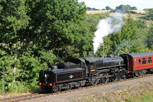 Steam Locomotive and Train Approaching on Rural Heritage Railway 