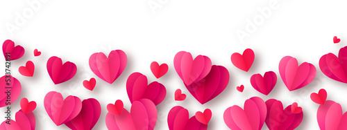 Romantic love background with long horizontal border made of beautiful falling pink and red colored paper hearts isolated on transparent background. Happy Valentine's Day PNG illustration