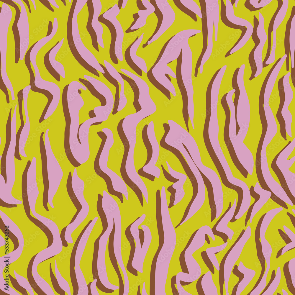 Fototapeta premium Vertical wavy lines abstract zebra seamless repeat pattern. Vector animal all over surface print on lime green background.