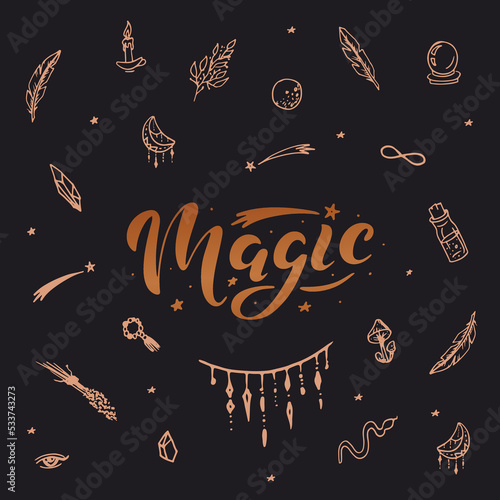 Magic letters, magical background for witches and wizards.  pagan tradition. Vector vintage collection. Hand-drawn objects: candles, feathers, potion, magic ball, etc. Vector illustration. Lettering.
