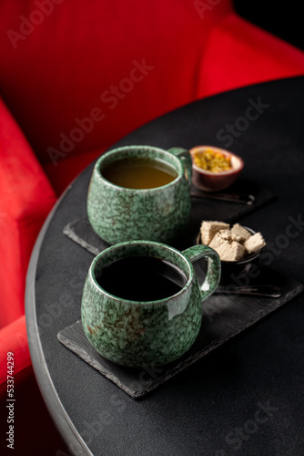 warm drinks with halva and passion fruit in the cafe