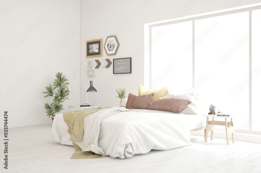 Fototapeta premium Soft color bedroom interior. Scandinavian design. 3D illustration