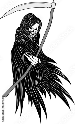 An angel of death with wings and a scythe in a bony hand. Scull. Halloween.