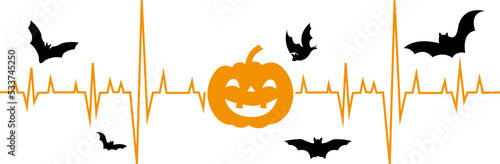 Halloween cardiogram. Pumpkin and bat. For your design. White background.