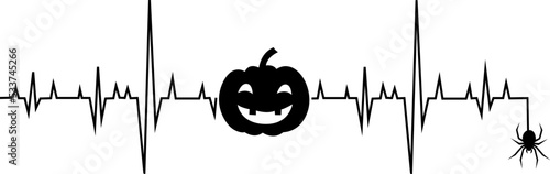 Halloween heartbeat. Spider and pumpkin. On a white background. Element for your design.