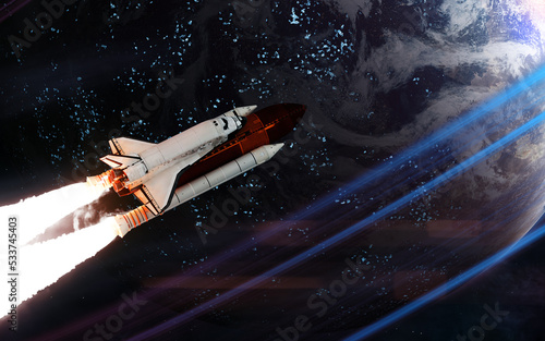 Space shuttle on background of habitable deep space planet. Science fiction. Elements of this image furnished by NASA