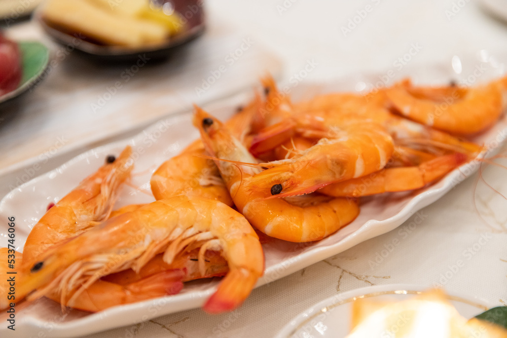 Shrimps on a plate on New Year's Eve Shrimps on a plate on New Year's Eve