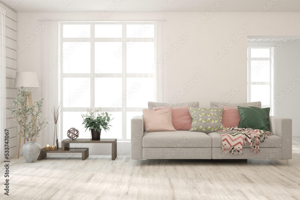 Fototapeta premium White living room with sofa. Scandinavian interior design. 3D illustration