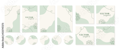 Minimalist instagram post, stories templates, highlights icons in green neutral colors. Abstract organic hand drawn backgrounds with copy space for text