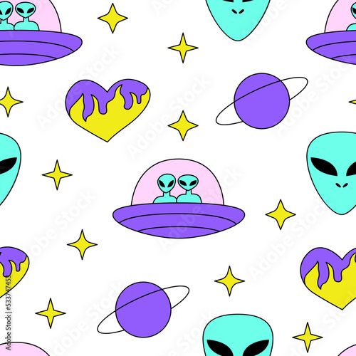 Seamless pattern with cute aliens and ufo ships, stars, hearts and saturn planet. Vector background