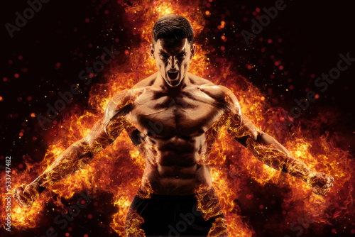 Bodybuilder posing on the fire flames background