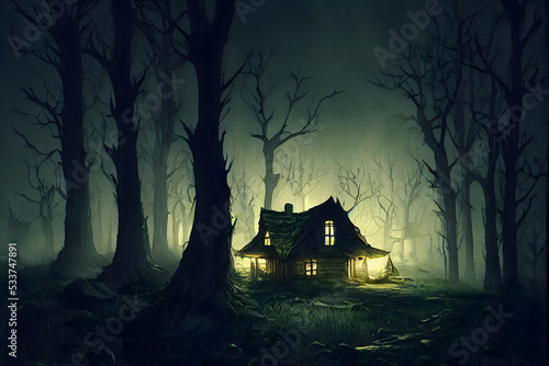 Haunted Log Cabin in a Dark Creepy Forest Concept Art photo